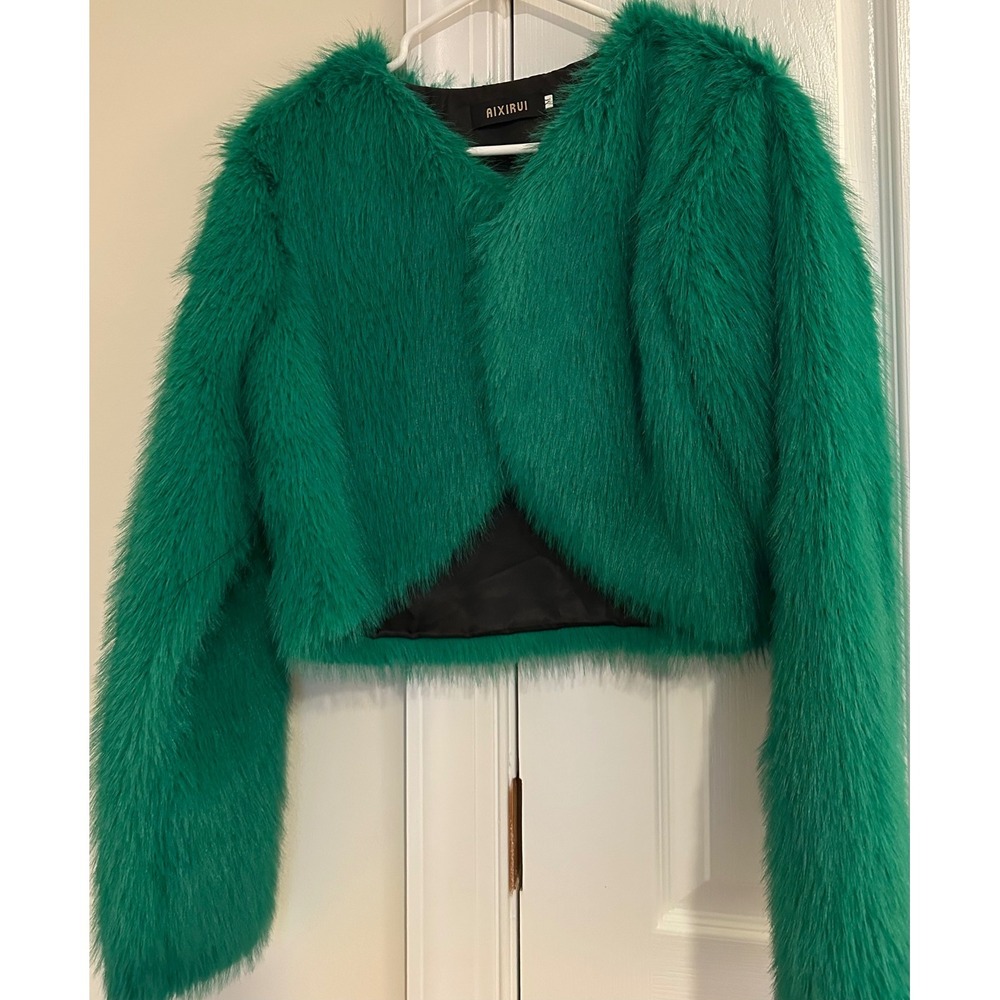 AIXIRUI Womens Emerald Green Faux Fur Cropped Jacket Open Front‎ Bolero Shaggy M